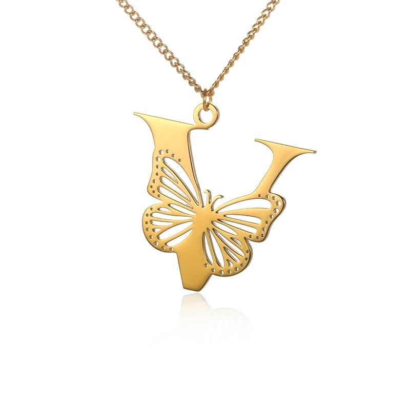 Dainty Big Butterfly Letters Necklaces For Women Girl Jewelry Stainless Steel Chain Initial Pendant Necklace Best Accessories