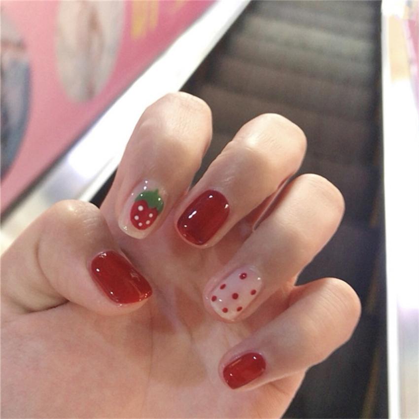 24Pcs Red Sweetheart White Checkerboard Press On Nails Removable Fake Nail Tips Art Acrylic Manicure