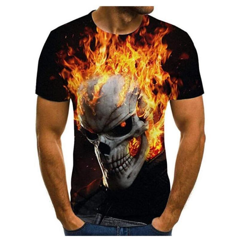 Summer Round Neck 3D Flame Skull Print Top Fashionable Casual Short Sleeved Men's T-shirts