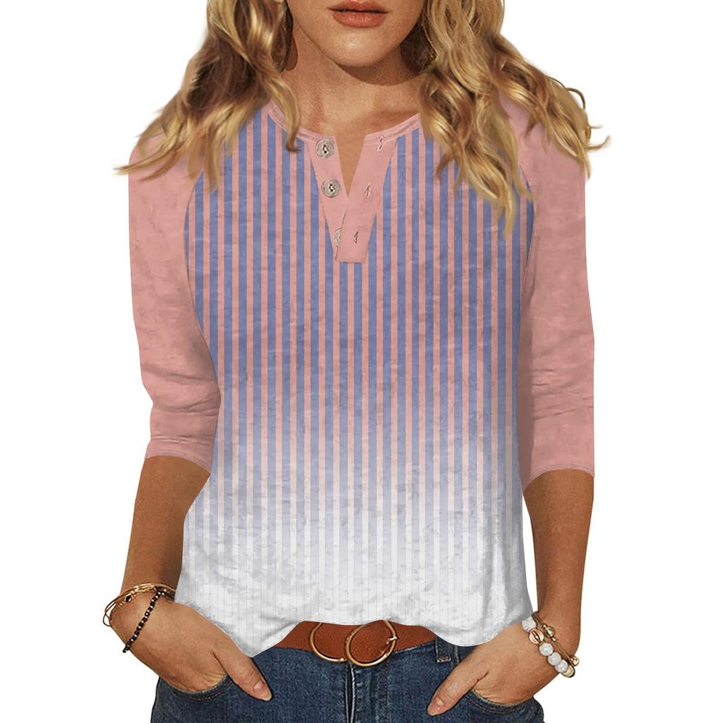 Dámské tričko s potiskem, knoflíky, 3/4 rukávy, pro každý den, na víkend, módní, základní, s výstřihem do V, běžný top