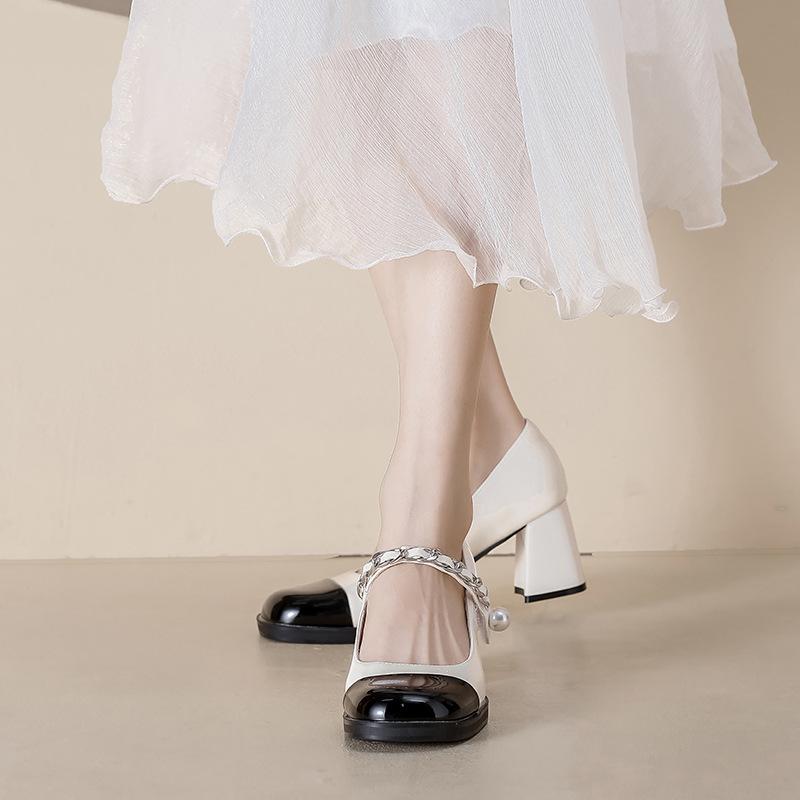 French Retro Thick-heeled Mary Jane Shoes Color Matching Patent Leather Pearl Thick-heeled Single Shoes High Heels Women