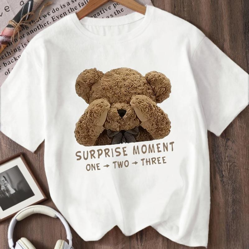 Kids Crewneck Short Sleeve Tee, Cute Bear Covering Face Print Summer Casual Top 110