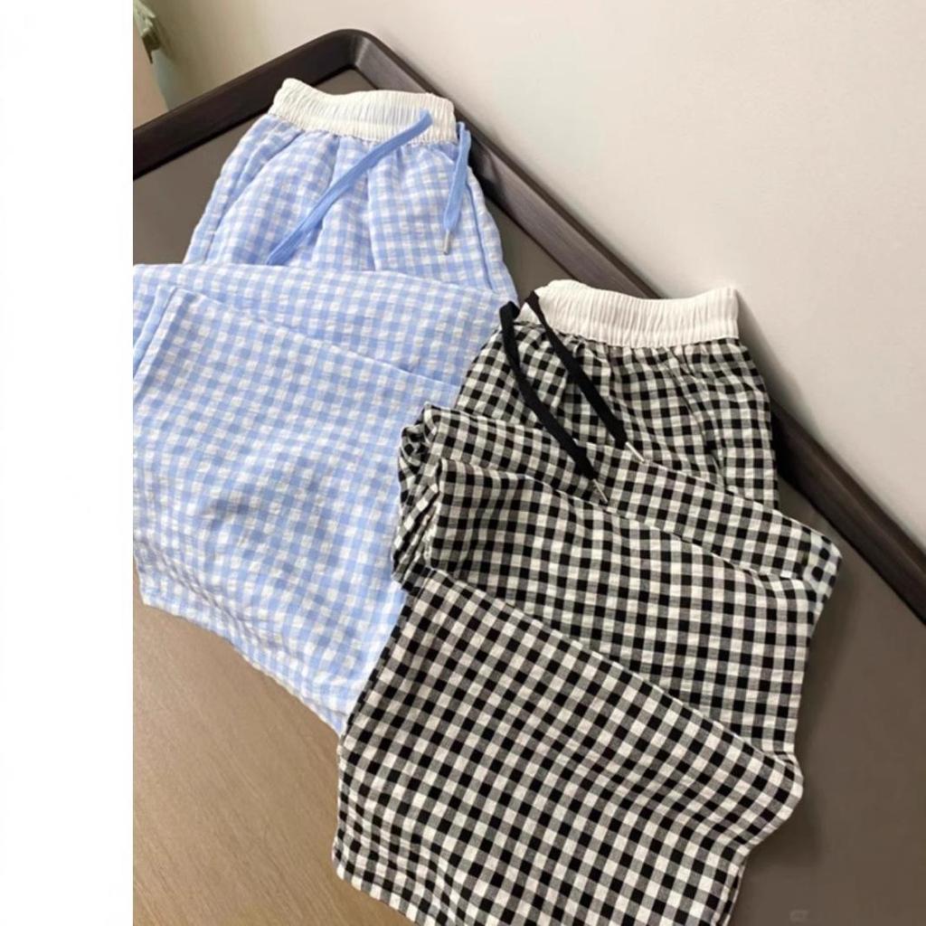 2025 Summer Women's Blue & White Check Fake Two-Piece Wide-Leg Casual Pants
