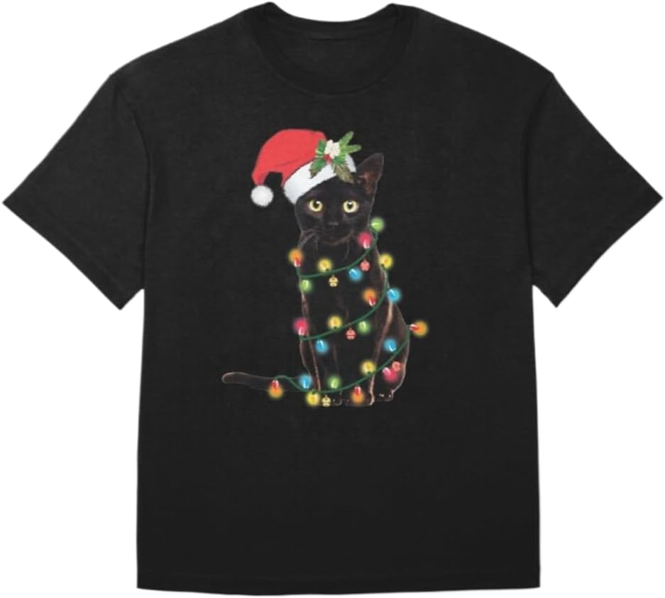 

Santa Black Cat Tangled in Christmas Lights Graphic T-Shirt, Black Short Sleeve Cotton Unisex Tee S разноцветный