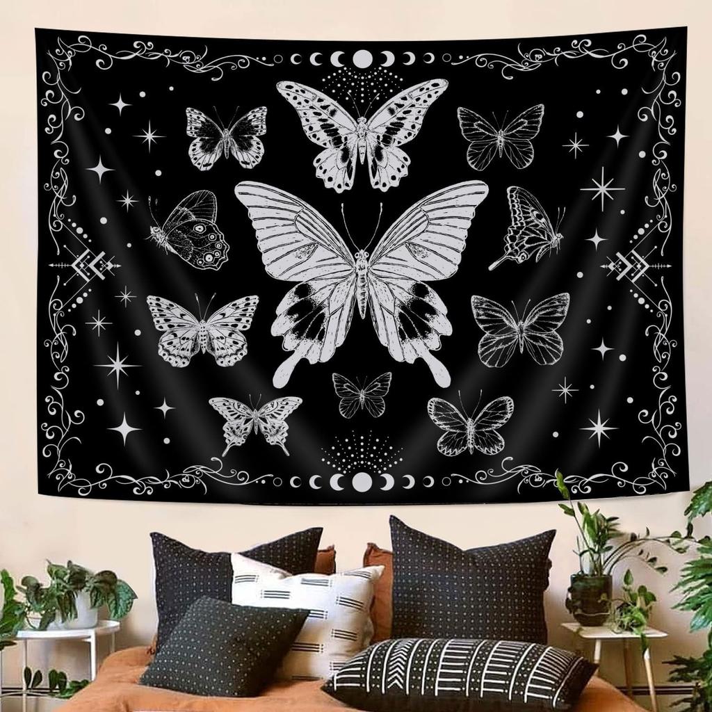 Tapestry Wall Hanging Trippy Witchy Black and White Tapestries Moth, Moon Star Mystic Dark Aesthetic Nature Small Boho Hippie