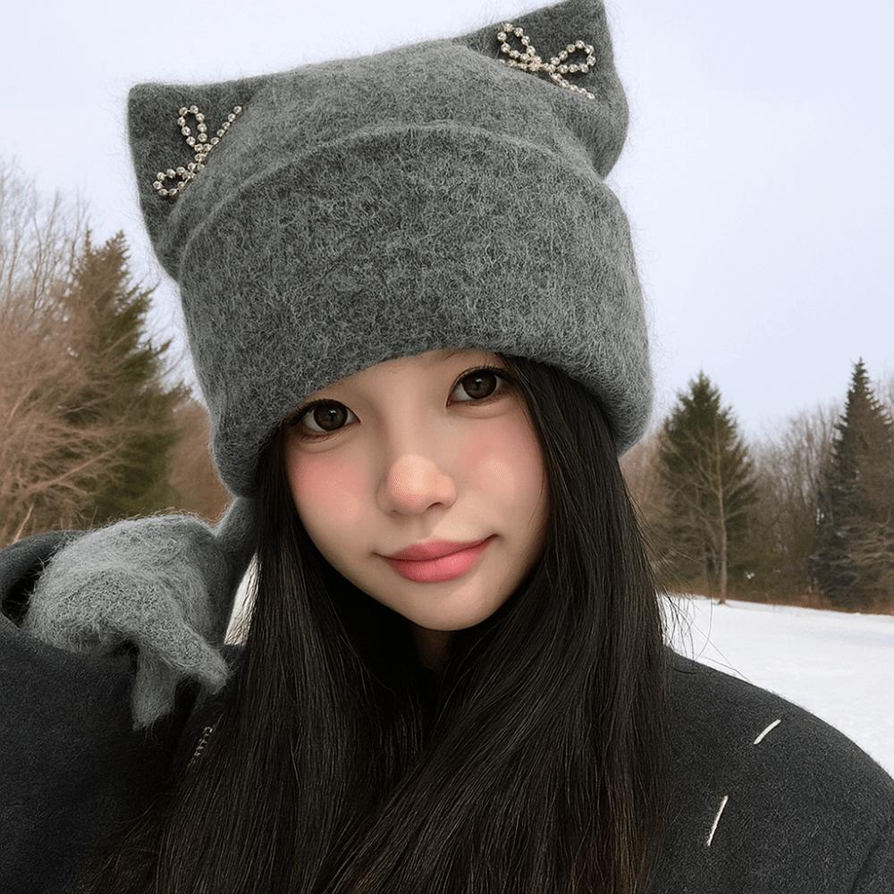 Sweet Cool Knitted Pullover Hat Bow Winter Wool Hat Keep Warm Cat Ears Beanie Hat  Girls