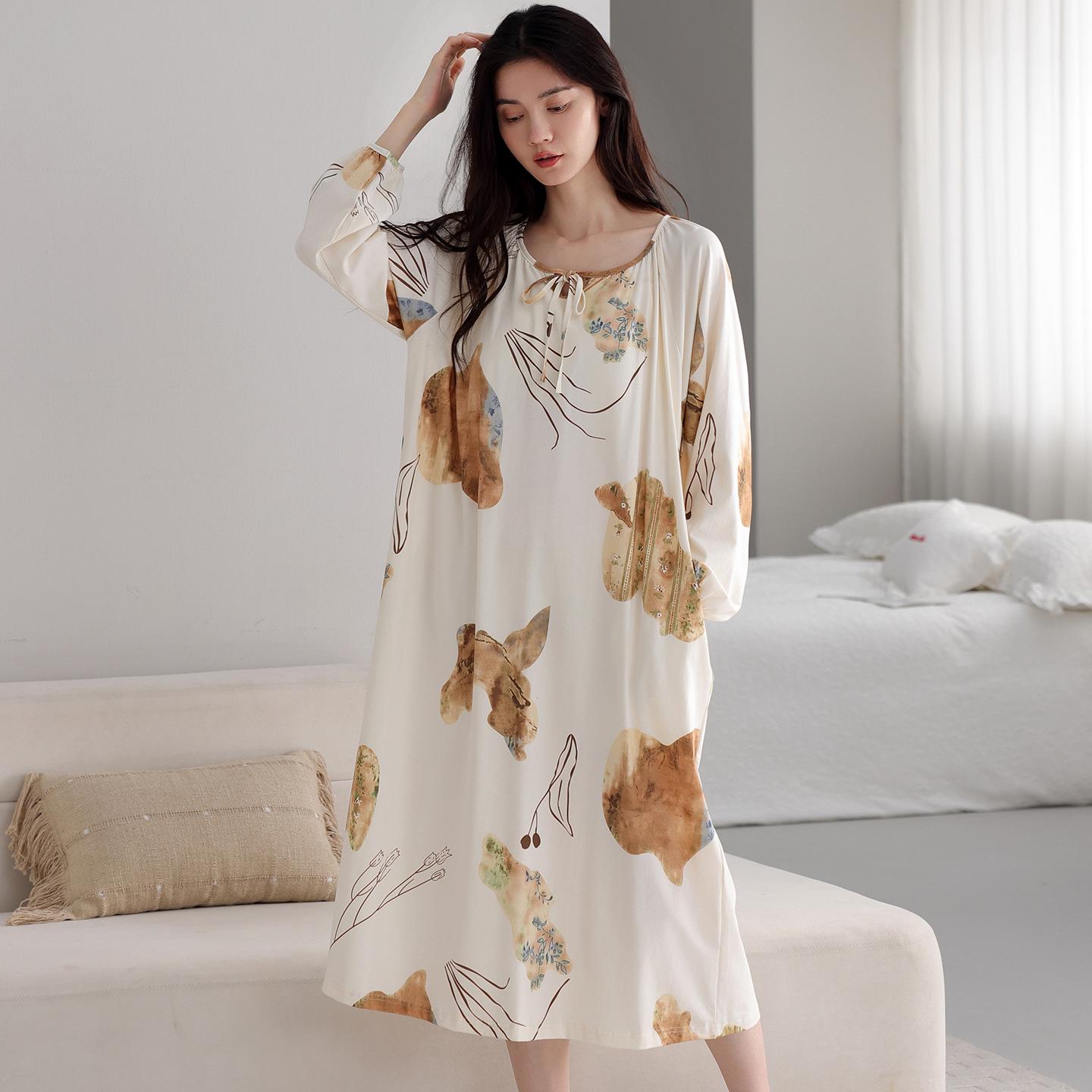 

Plus Size Women s Ribbed Cotton Long Sleeve Pajamas for Spring & Autumn - Wearable Outdoors, Botanical Design. Size L