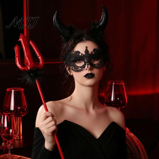 Decorative Horns for Halloween Costume Devil Headband Pitchfork Lace Eye Masque Set, Horn Red Demon Accessories Adults, Masquerade Balls, Carnivals