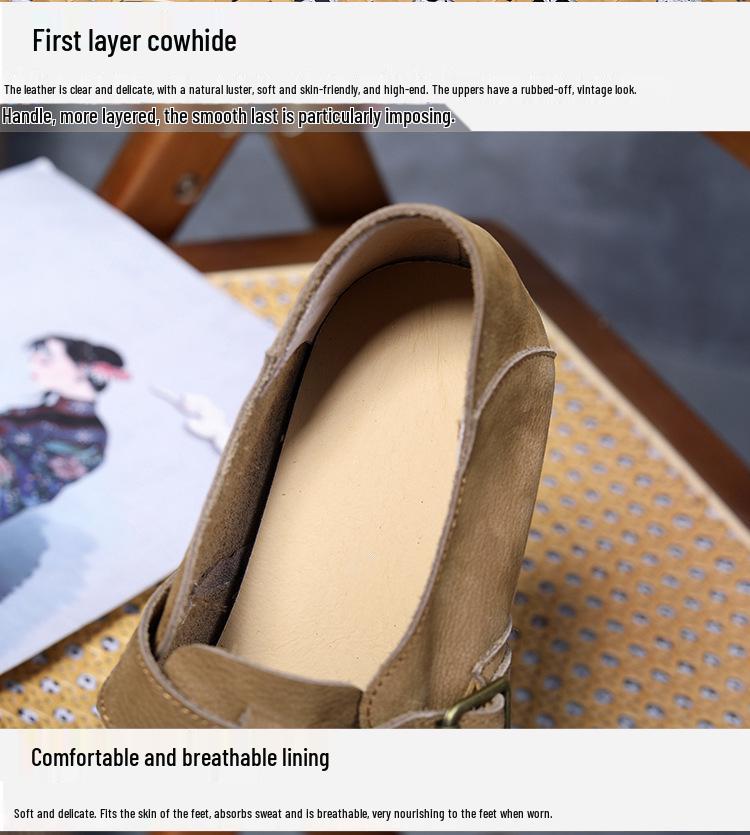 Handmade Genuine Leather Retro Style Women's Round Toe Flat Heel Single-Strap Shoes