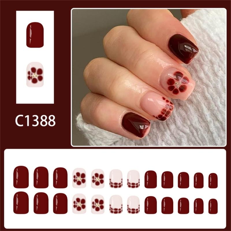 Glitters Floral False Nail French Style Coffee Brown Press On Nail 24Pieces for Autumn Winter Elegant Manicure Set