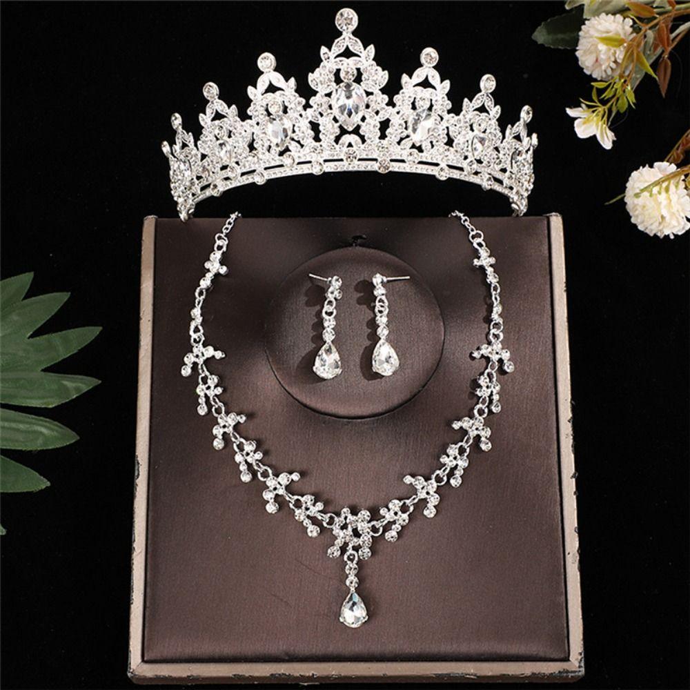 3pcs/set Luxury Bridal Jewelry Sets Crystal Water Drop Tiaras Crown Necklace Earrings Silver Color Sparkling