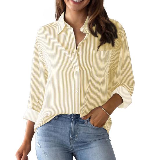Women Shirt Lapel Long Sleeve Single Breasted Shirt Tops with Patch Pocket Loose Fit Breathable Office Tops