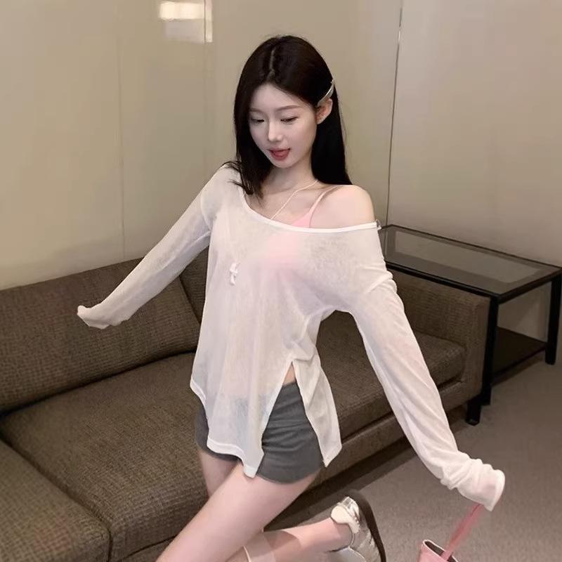 Spice Girl White Big Neckline Long Sleeve Blouse T-Shirt Women's Summer New Thin Loose Split Sunscreen Top