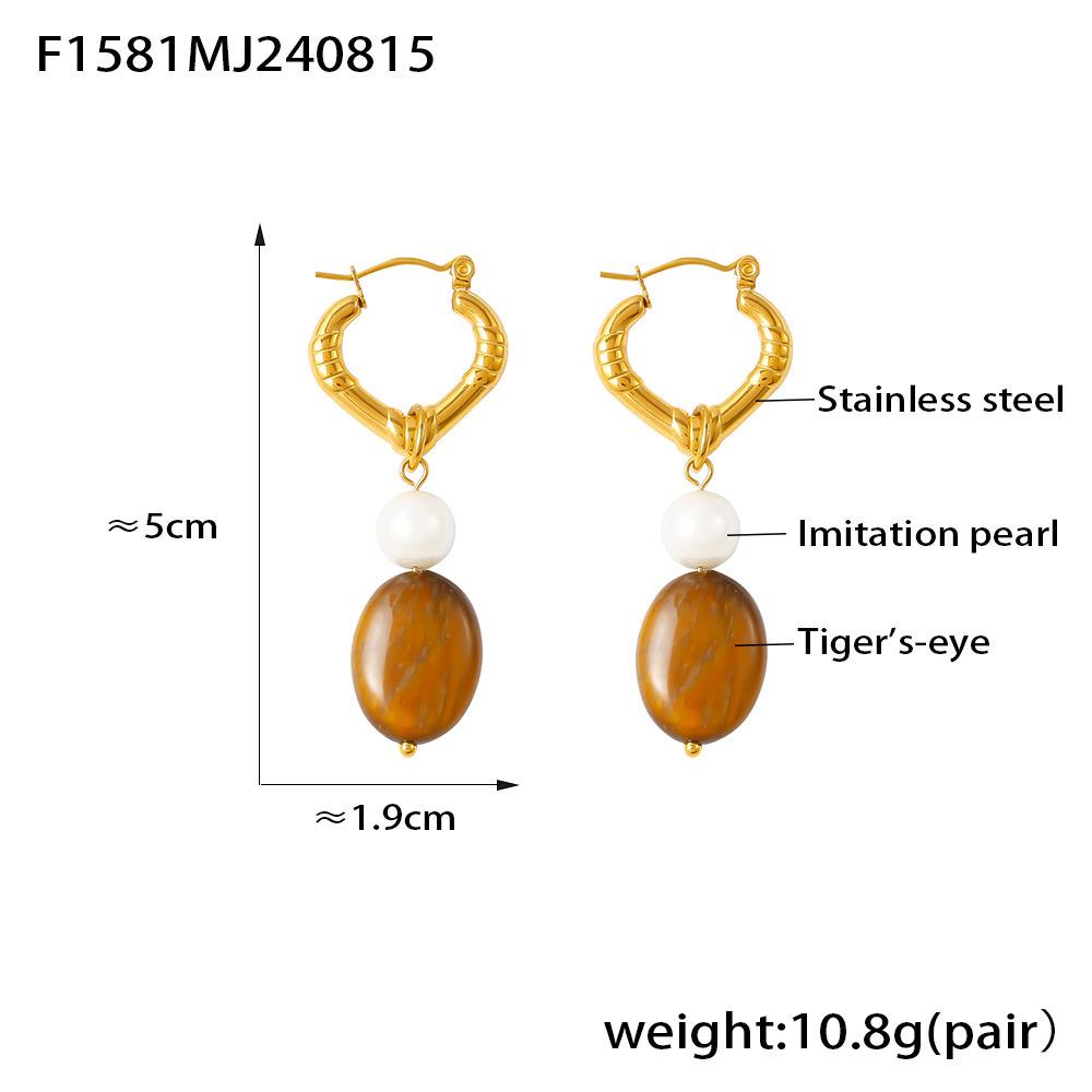 Hepburn Style Heart Tassel Faux Pearl Tiger Eye Earrings with 18k Gold-Plated Stainless Steel
