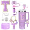 8PCS Accessories Set for Stanley Cup Purple 30oz 40oz Tumbler Silicone Straw Topper Cover Cap Boot Handle Charm Initials Sticker Cup Holders 5