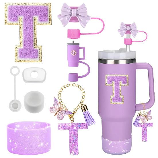 8PCS Accessories Set for Stanley Cup Purple 30oz 40oz Tumbler Silicone Straw Topper Cover Cap Boot Handle Charm Initials Sticker Cup Holders 5