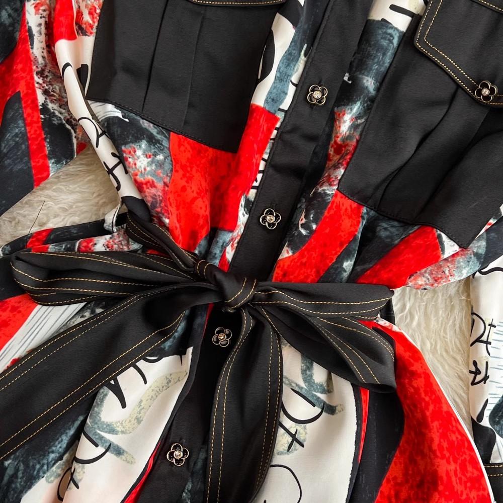 Sukienka koszulowa Vintage Autumn Lapel Collar Wysokiej jakości damska jednorzędowa czerwona kwiatowa z nadrukiem Patchwork sznurowany pasek luźne ubrania