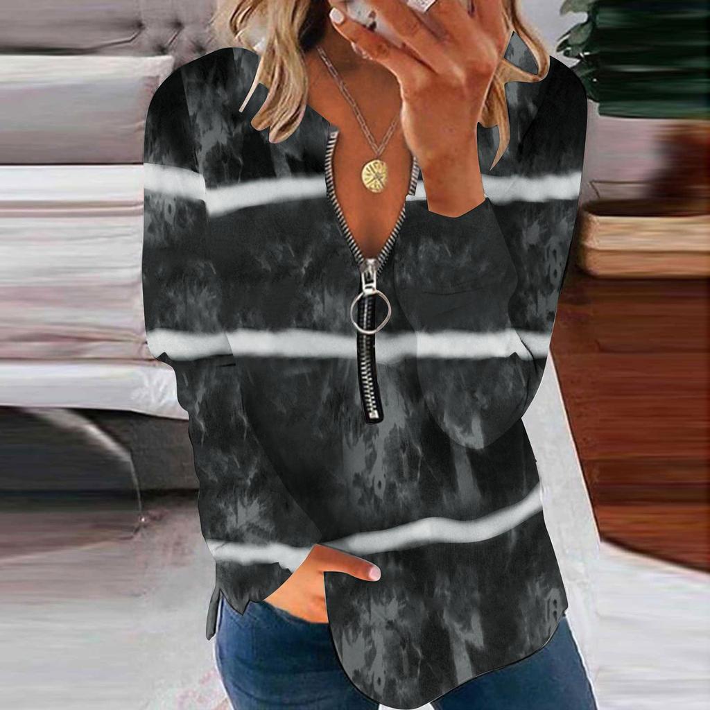 Women Summer Casual Sexy V-neck Printed Zipper LongSleeves Tops