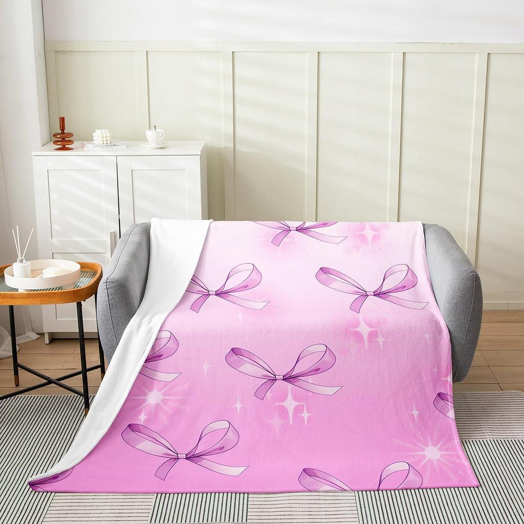 Cute Bowknot Fleece Blanket Princess Style Blue Bow Watercolor Plush Throw for Home Decor Geometric Grid Minimalist Dreamy Sofa