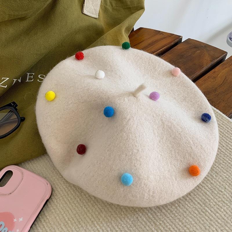 

Korean autumn and winter warm wool beret women girls woolen warm painter hat female cute colored ball dot pumpkin cap Japanese M 56-58cm бежевый