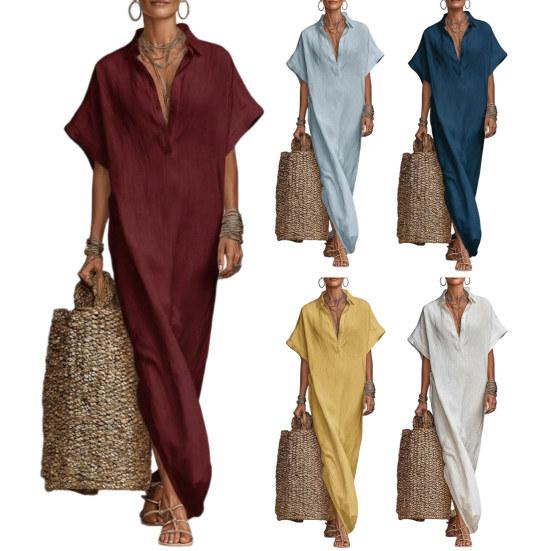 Summer Cotton Linen Dress for Women Short Sleeve Button Up Long Dress Casual Loose Beach Tunic Sundress