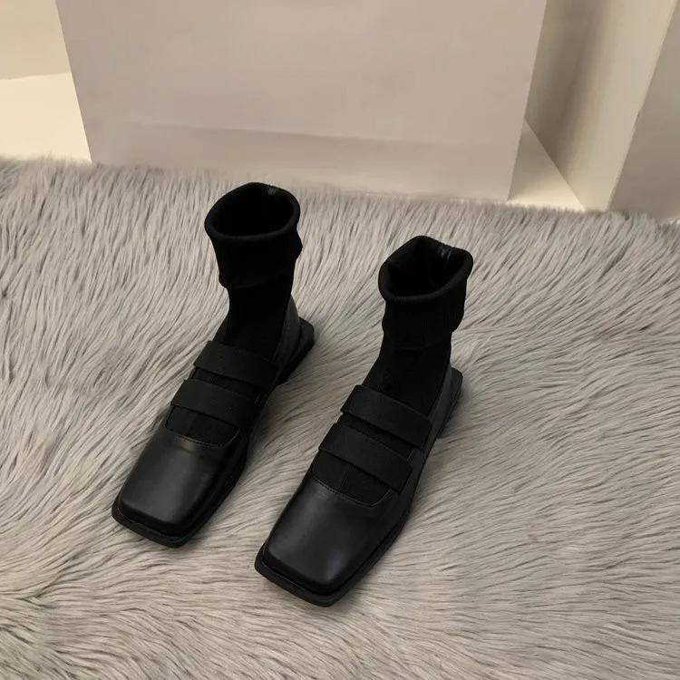 Fashion British style square knitted socks boots 2025 new women's boots high quality slimming loafers women's ankle boots single shoes