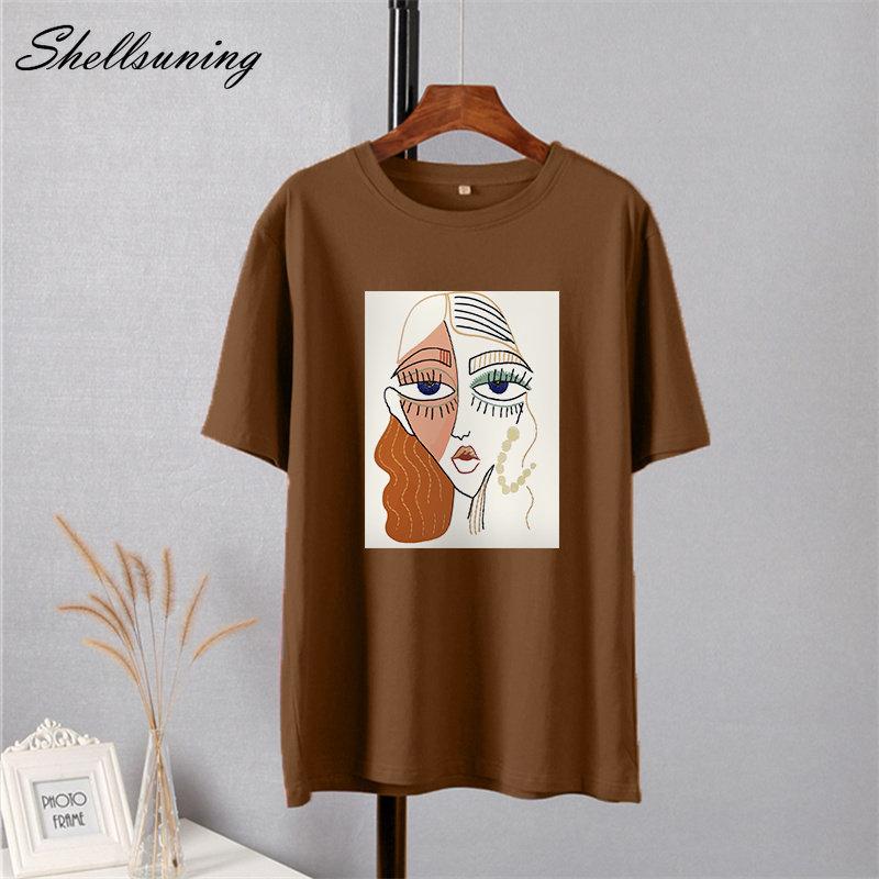 Shellsuning Summer Retro Character Printed T Shirts Women Korean Graphic Trendy Tees Loose Casual Short Sleeve Female Tops