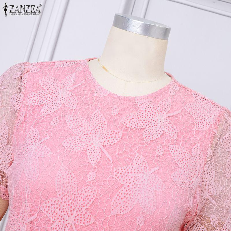 ZANZEA Women Casual Round Neck Short Sleeve Elegant Lace Long Dress