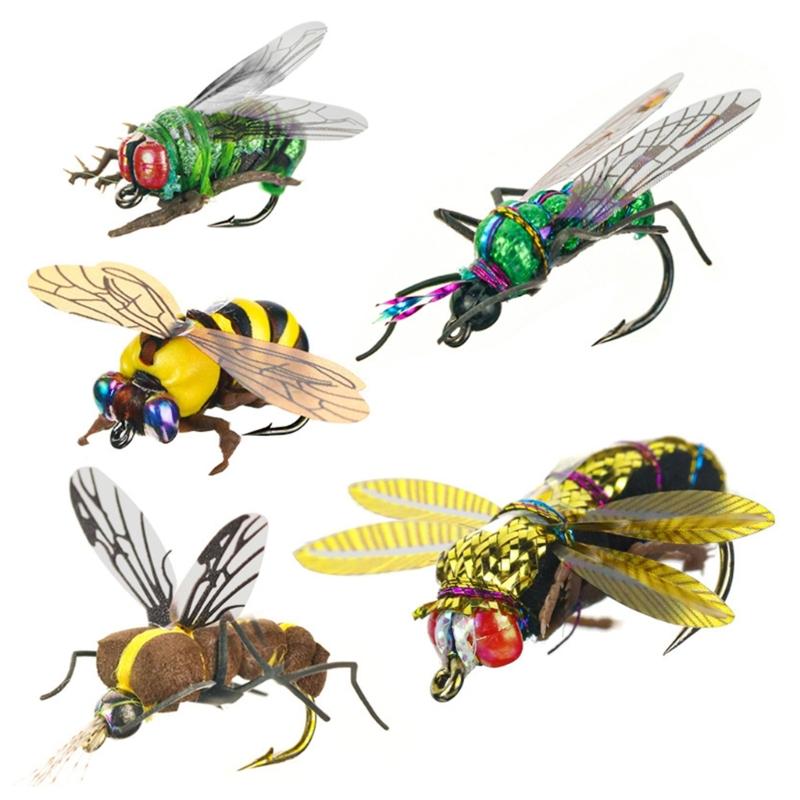 2pcs Fly Fishing Hook Baits Fishing Tackle Gear Fly Bees Floating Lure Artificial Insect Lures Attractant Baits