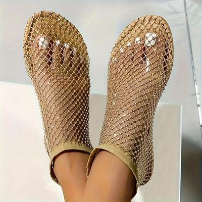 Damen Strass Dekor Flache Schuhe, Lässiges Aushöhlungsdesign Sommerschuhe, Bequeme Slipper