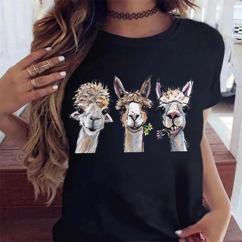 Kawaii Alpacas Animal Printed T Shirts Women Summer White Top Camiseta Mujer Casual Pink/Yellow/Gray/BlackTshirt Clothes Y2K Top