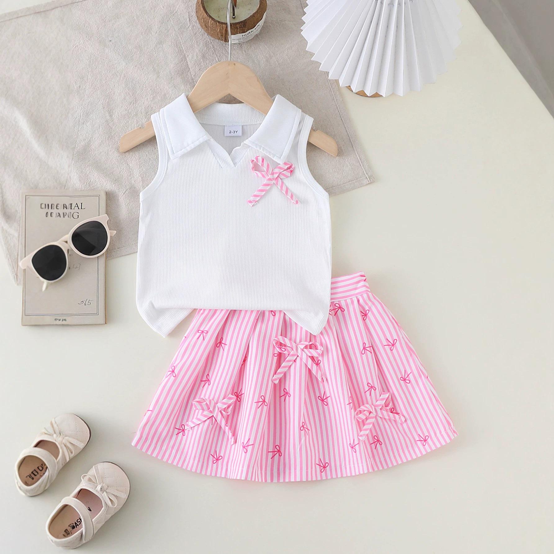 Girls Striped Bow Print Sleeveless Top & Pleated Skirt Two-Piece Summer Set 2026 5 Years