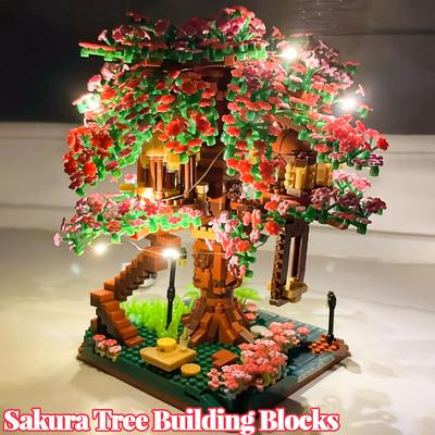 Set de blocuri de construcție cu mini copac Sakura, cărămizi cu flori de cireș cu model de ornament de căsuță în copac, cadou romantic pentru iubită