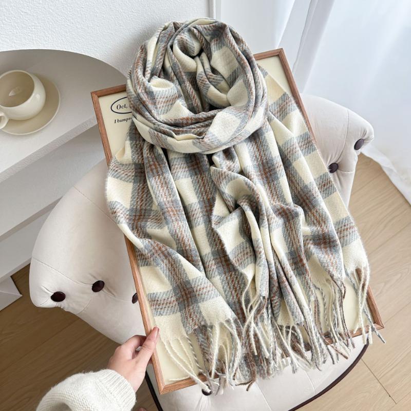 Autumn and Winter Gentle High-end Plaid Scarf Girls Dry Rose Pink Scarf Imitation Cashmere Fringed Scarf