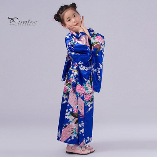1 Set traditioneller Kimono-Pyjama für Mädchen, lebendige Farben, floraler Pfauendruck, einfach zu tragen, bequemer Kimono