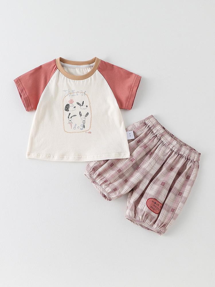 Sommer Jungen Cartoon Print Zweiteiliges Set: Kurzarm-T-Shirt & Karierte Shorts
