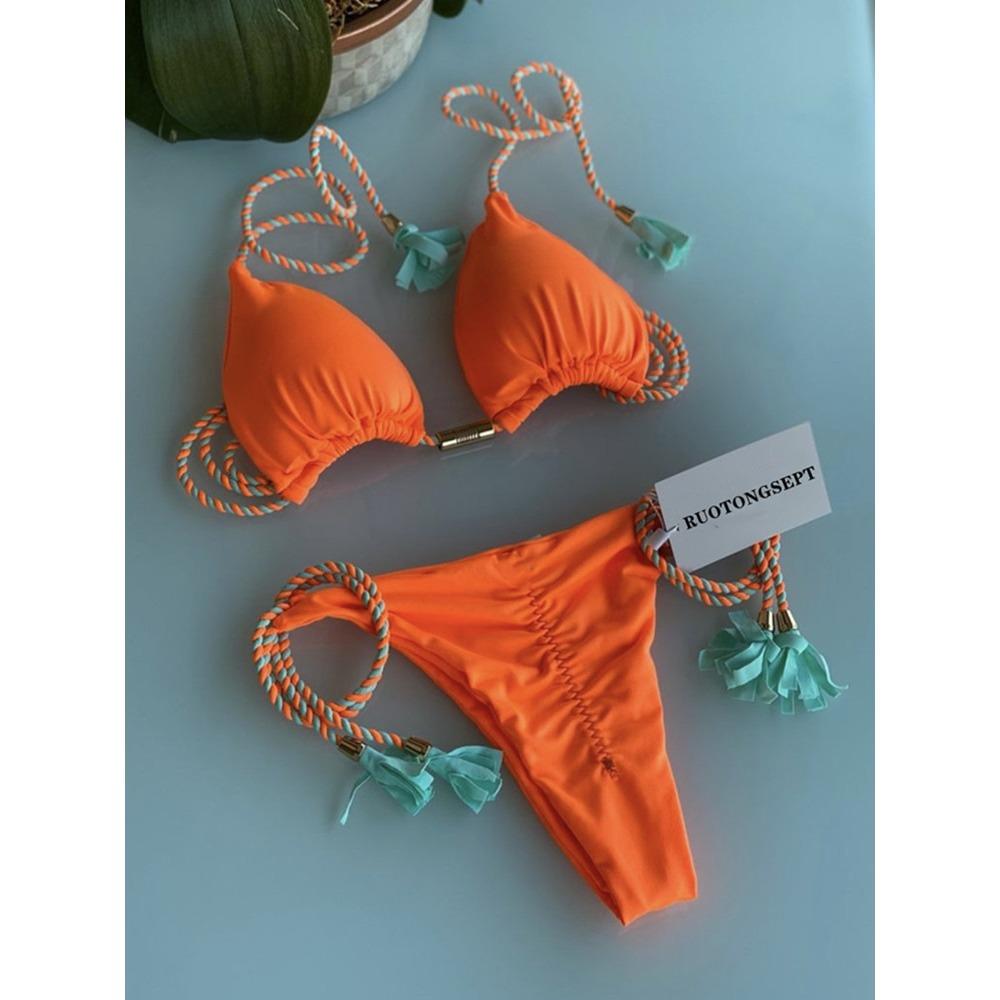 Costum de baie european și american geantă triunghiulară sexy pentru femeie Split Culoare uni Bikini sexy cu frânghie împletită multicoloră
