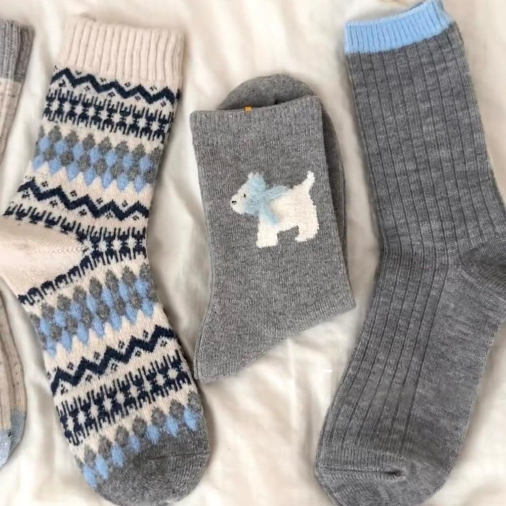 Jacquard Medium Tube Socks Warm Thickened Piled Socks Bow Puppy Cute Pattern Socks