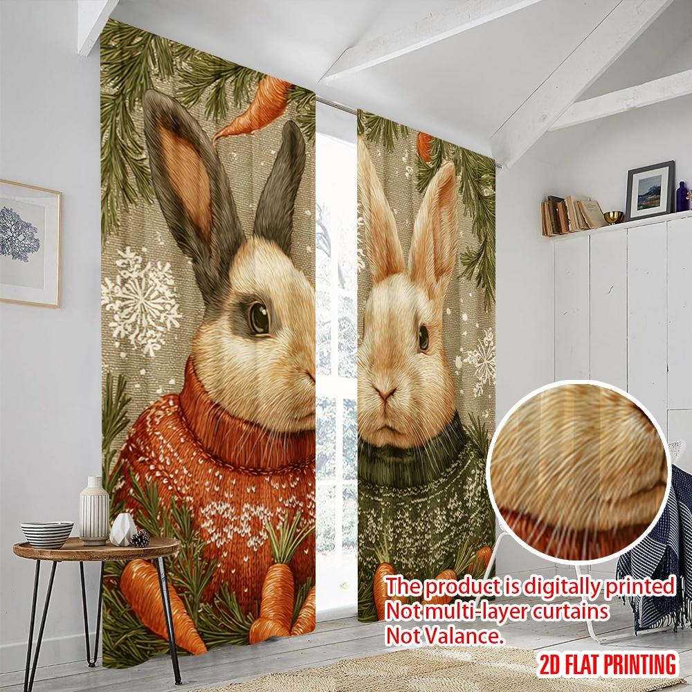 2pcs,2D Plane Printing Popular Curtain Panels Rabbit with Pine Branches & Snowflakes Versatile Durable Polyester (without Rod)
