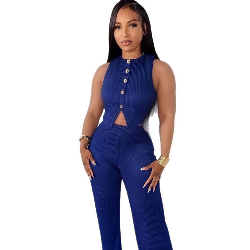 

Western Style New Fashion Casual Slim fit Sleeveless Vest Trousers Set Tank Top and Pants Set Dark Blue XXL