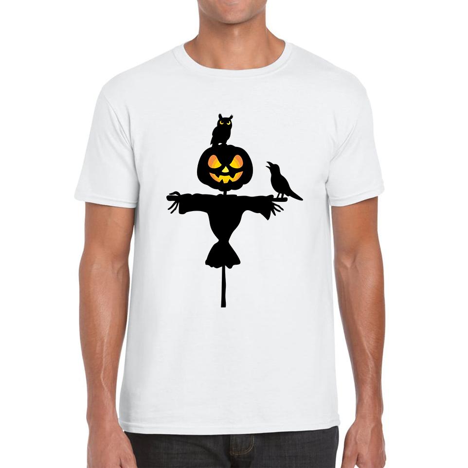 

Scarecrow With Owl And Raven Halloween Pumpkin Head Horror Scary Mens Tee Top M