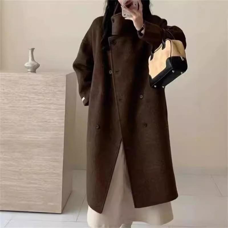 

Осенне-зимнее двухстороннее кашемировое пальто средней длины с воротником-стойкой, универсальное шерстяное пальто в стиле Хепберн для женщин M