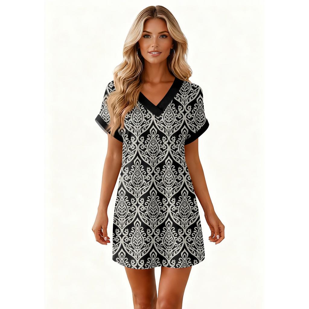 Women's Fashion Print V-Neck Short Sleeve Pocket Casual Pullover Dress