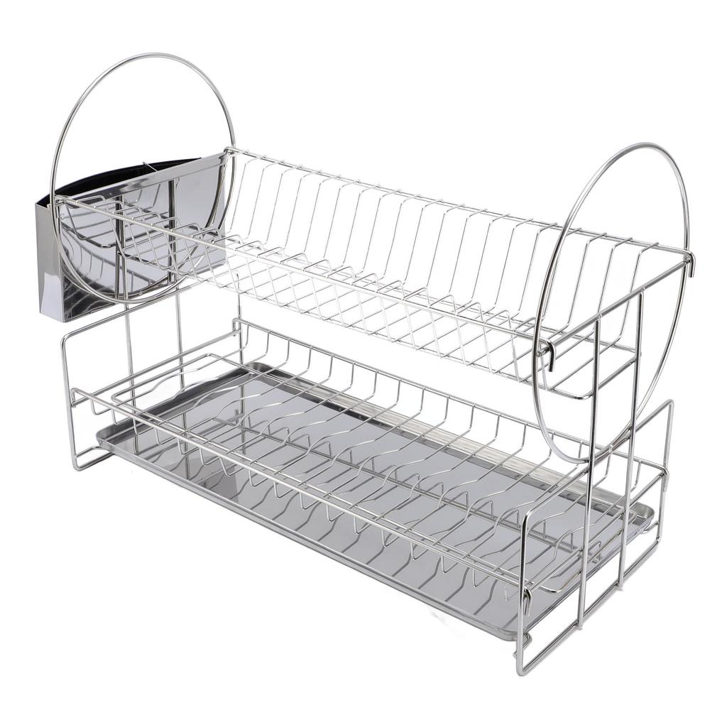 2 Tier Dish Drying Rack Stainless Steel Double Layers Dish Drainer with Cutlery Holder for Kitchen Storage