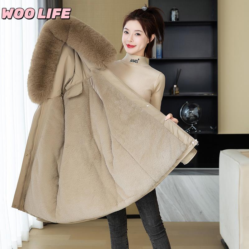 Parker Clothing Women's New Winter All-match Cotton Clothing Plus Velvet Hooded Jacket, Big Fur Collar, Warm Cotton Clothing, Women's Cold Protection