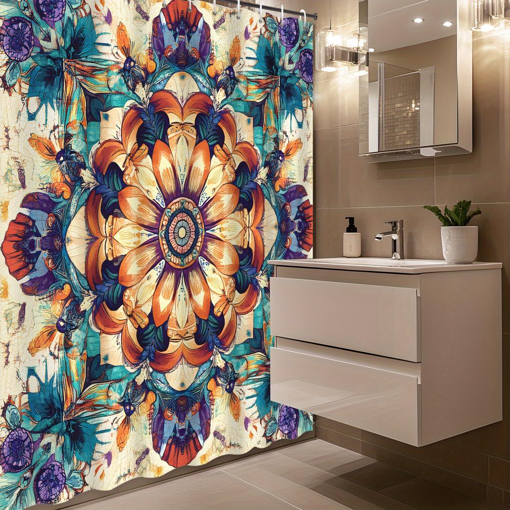 Bohemian Romantic Colorful Mandala Shower Curtain with 12 Hooks – Classic Decorative Print for Bathroom