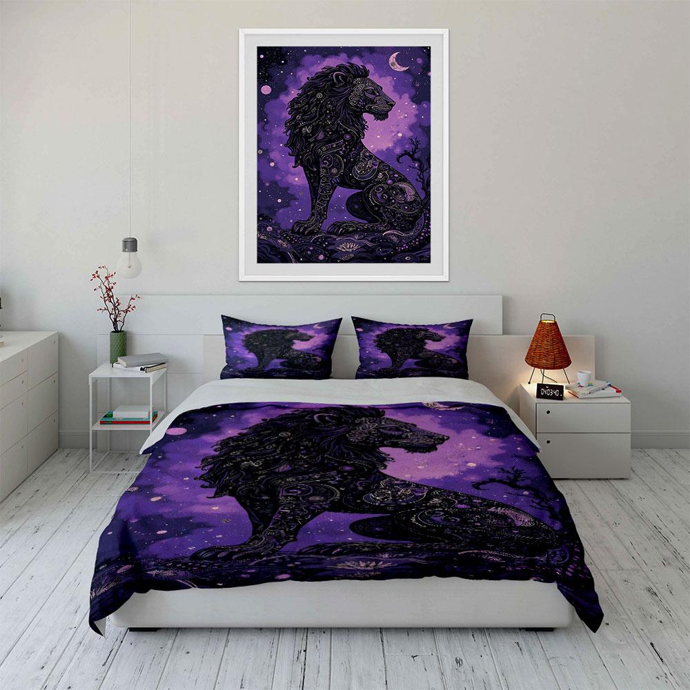 Mystical Purple Lion Design Bedding Duvet Cover Set Duvet Cover Pillowcases  (1*Duvet Cover 2*Pillowcases, Without Duvet Insert)