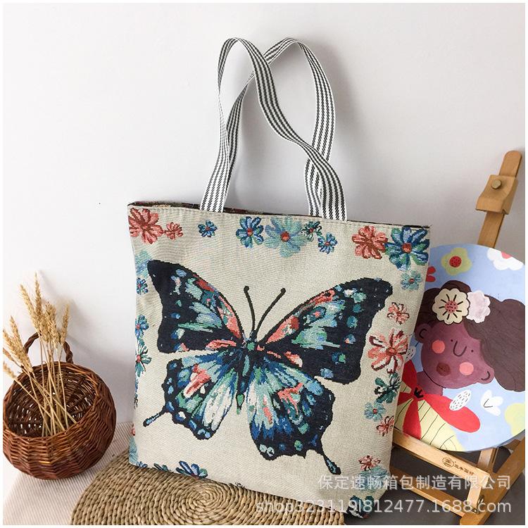 Canvas-Tasche Große Kapazität Canvas-Tasche Damen Doppellagig mit tragbar Einfache Webstickerei Schulter Reißverschluss Einkaufstasche Ethnischer Stil