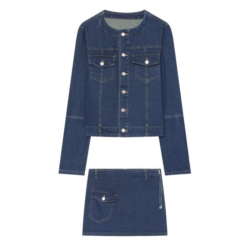 Womens Denim Jacket Mini Skirt Set Casual Outfit Sweet Chic Style Long Sleeve Pure Color Ensemble
