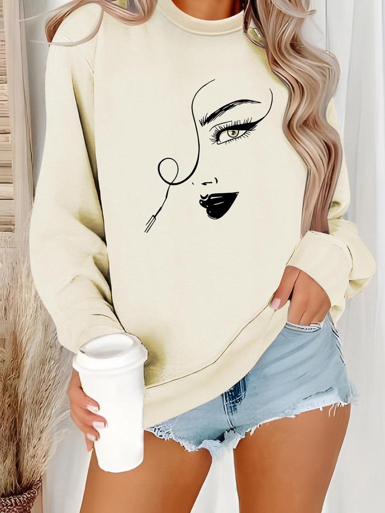 Women's Autumn/Winter Long-Sleeve Round Neck Printed Pullover Hoodie